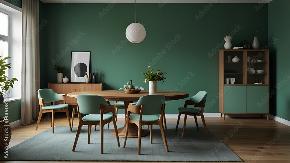 Modern dining room with a teal wall, wooden table, mint chairs Modern dining room with a teal wall, wooden table, mint chairs