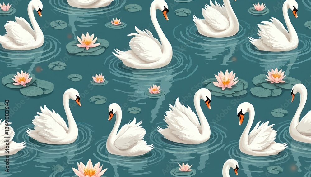Seamless pattern swans, water lilies, water ripples. Elegant design artwork with white swans, pink lotuses, green leaves. Nature, wildlife, romantic, floral backdrop for textile, wallpaper, wrapping Seamless pattern swans, water lilies, water ripples. Elegant design artwork with white swans, pink lotuses, green leaves. Nature, wildlife, romantic, floral backdrop for textile, wallpaper, wrapping