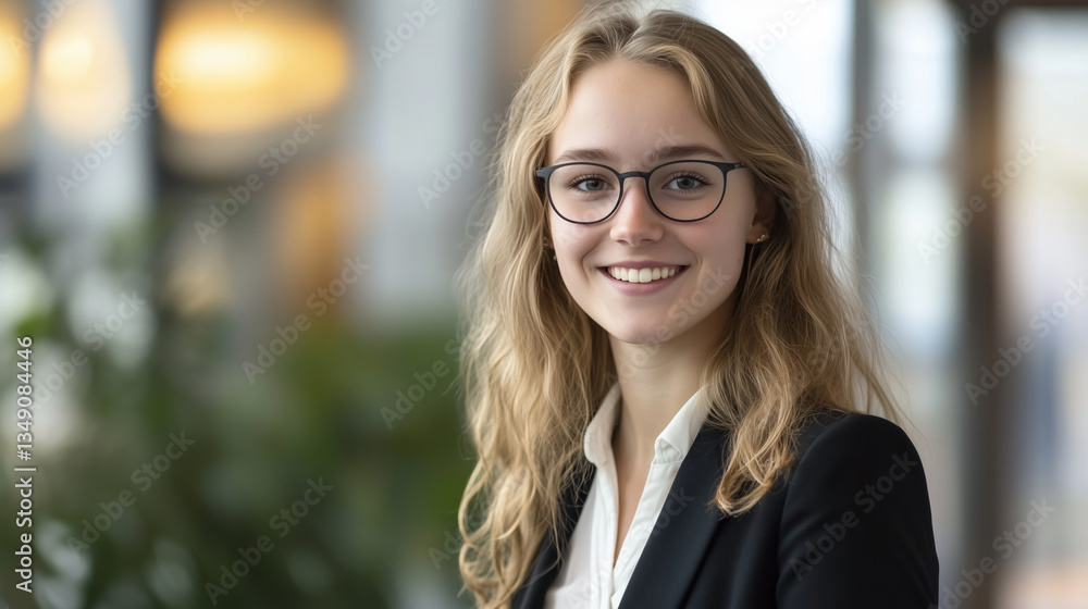 Portrait confident happy smiling businesswoman standing in the office looking at camera Portrait confident happy smiling businesswoman standing in the office looking at camera