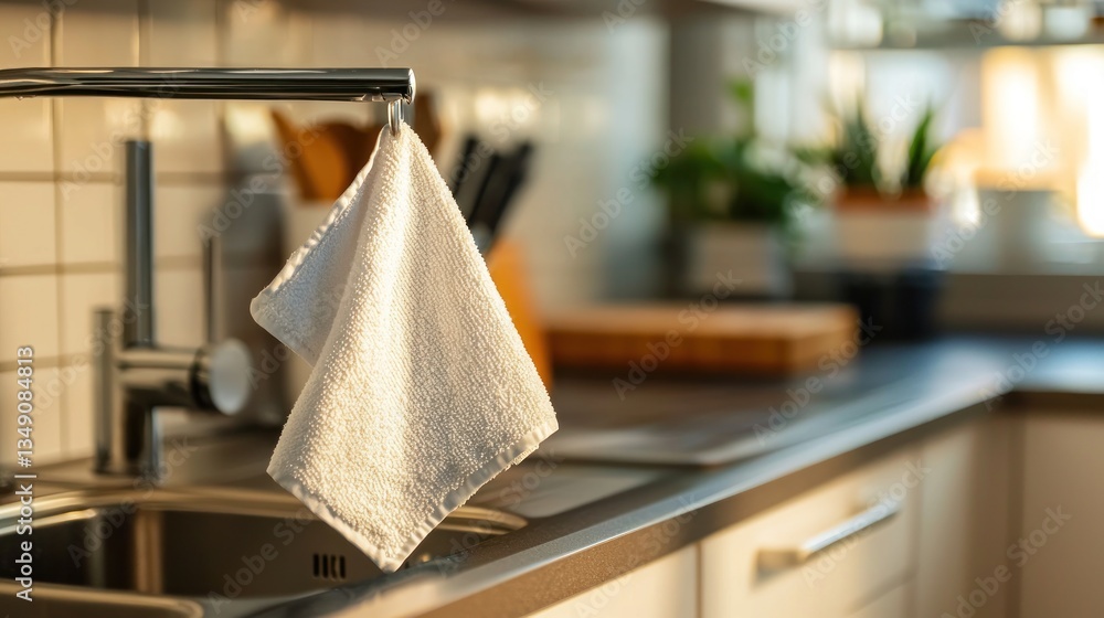 Kitchen Towel Hanging on Faucet in Modern Kitchen Kitchen Towel Hanging on Faucet in Modern Kitchen