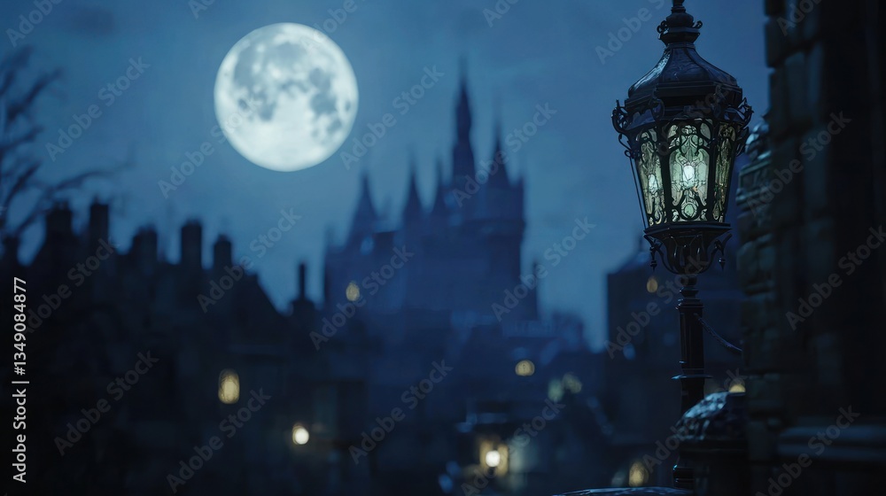 Obraz premium Enchanted Night: A moonlit medieval town with a glowing lantern.