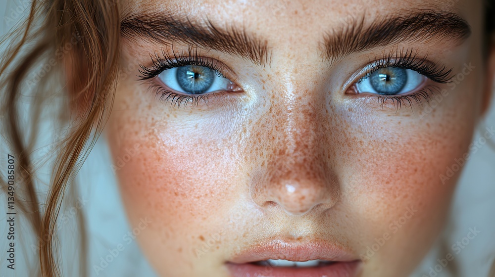 Fototapeta premium Extreme close,up highlights healthy skin, long lashes, perfect brows enhancing natural beauty, promoting skincare and wellness.