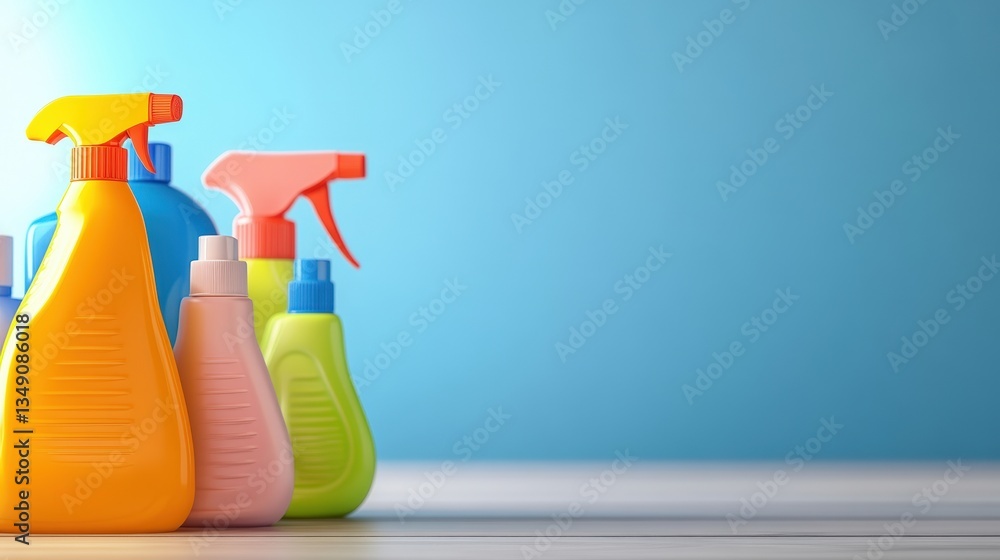 Colorful cleaning bottles arranged on a surface against a blue background, showcasing various shapes and sizes, sustainable living lifestyle. Colorful cleaning bottles arranged on a surface against a blue background, showcasing various shapes and sizes, sustainable living lifestyle.
