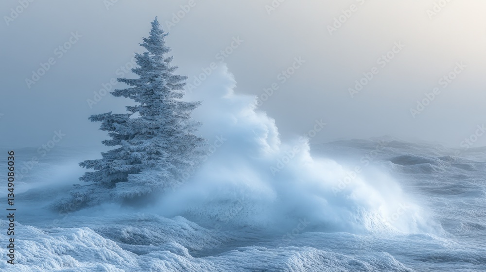 Obraz premium Lone snow-covered evergreen tree endures a blizzard's powerful, swirling snow.