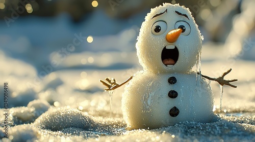 A surprised snowman begins to melt in a warm outdoor environment
