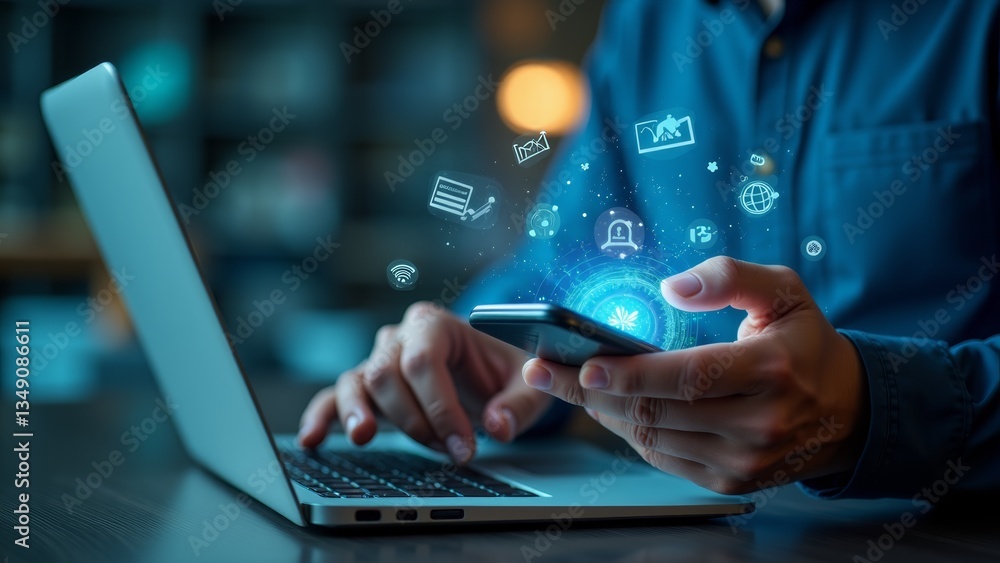 Person Connecting Smartphone To Laptop Person Connecting Smartphone To Laptop