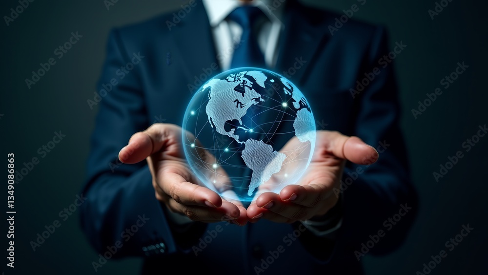 Businessman Holding Holographic Globe in Hands Businessman Holding Holographic Globe in Hands
