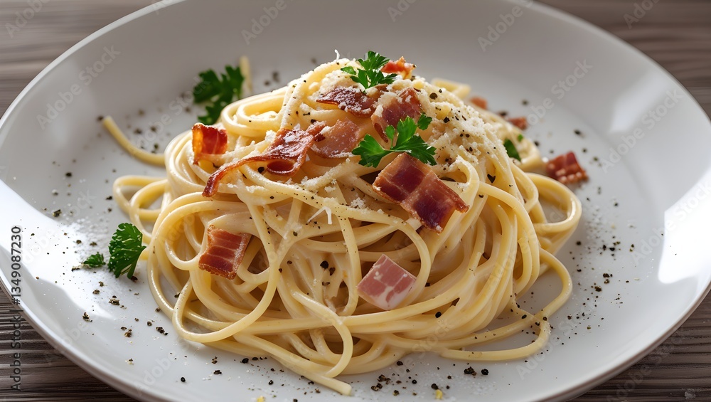 Pasta: A creamy carbonara pasta with al dente spaghetti, crispy pancetta, grated Parmesan cheese, and a smooth egg sauce, garnished with black pepper and fresh parsley on a white ceramic plate.
Pasta: A creamy carbonara pasta with al dente spaghetti, crispy pancetta, grated Parmesan cheese, and a smooth egg sauce, garnished with black pepper and fresh parsley on a white ceramic plate.