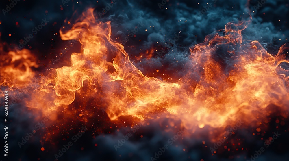 Fire flames burn on a dark background, creating a dramatic visual. Fire flames burn on a dark background, creating a dramatic visual.