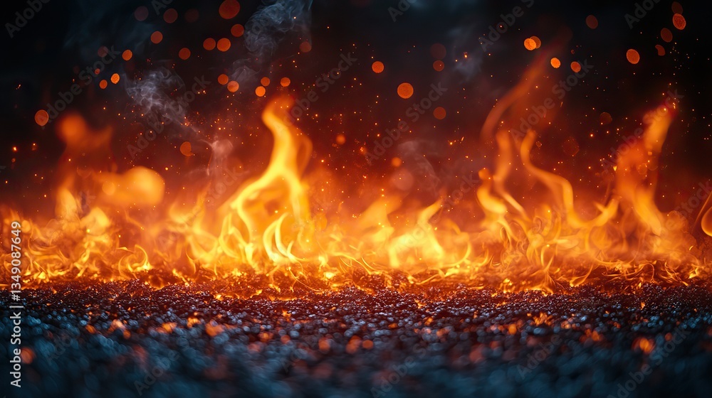 Fire flames burn on a dark background, creating a dramatic visual. Fire flames burn on a dark background, creating a dramatic visual.