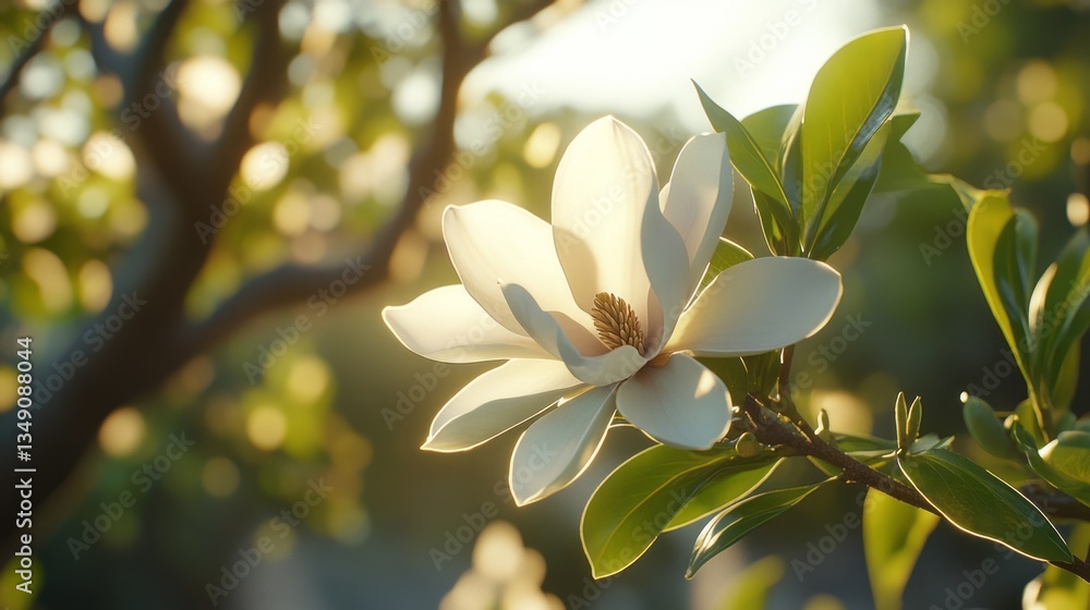 Fototapeta premium Magnificent magnolia bloom catching spring sunlight in a serene garden setting