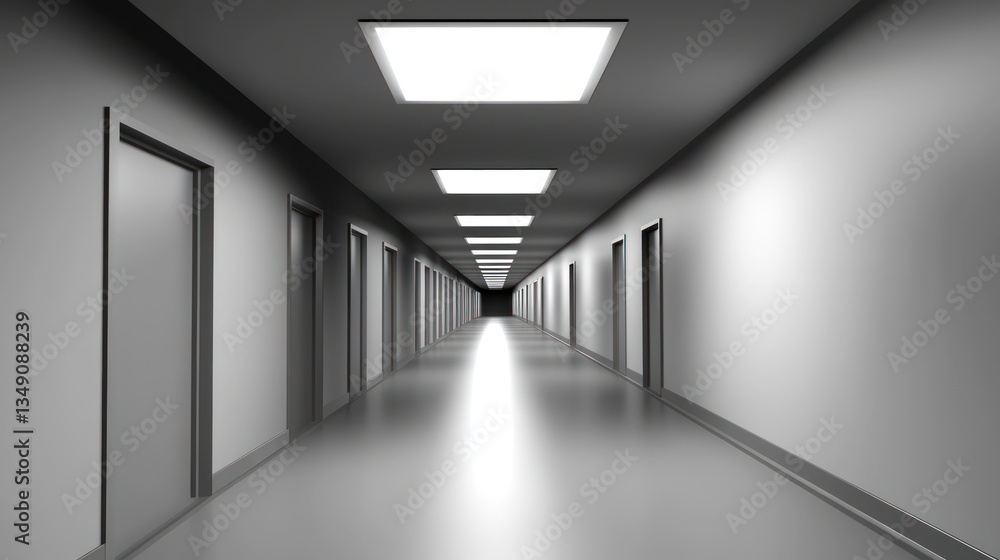 Long, empty corridor with evenly spaced doors and bright ceiling lights. Long, empty corridor with evenly spaced doors and bright ceiling lights.