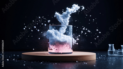 dramatic chemical reaction occurs as baking soda and vinegar mix in glass, creating bubbling, foamy explosion against dark background. scene is dynamic and captivating