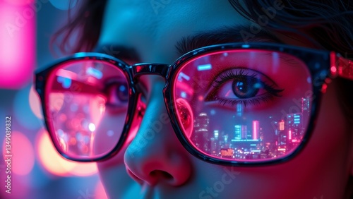 Wallpaper Mural Woman Reflects Neon Cityscape In Glasses Torontodigital.ca