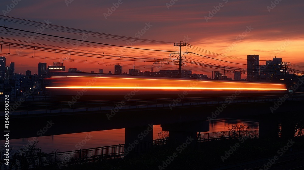 Fototapeta premium Urban train at sunset over city river