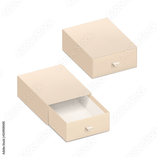 Slider open and closed kraft drawer box with rope pull mockup. Vector illustration isolated on white background. Can be use for gift box, luxury, cosmetics, and other goods. EPS10.
