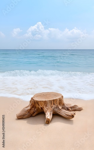 A podium crafted from polished driftwood, placed on a serene beach with waves gently washing over the sand.