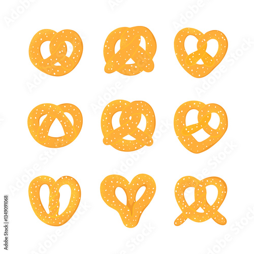 Set of soft hand-drawn Bavarian Pretzel. Cute bread knot  with sesame seeds isolated on white background. Vector illustration, not ai. Good for patterns and own designs