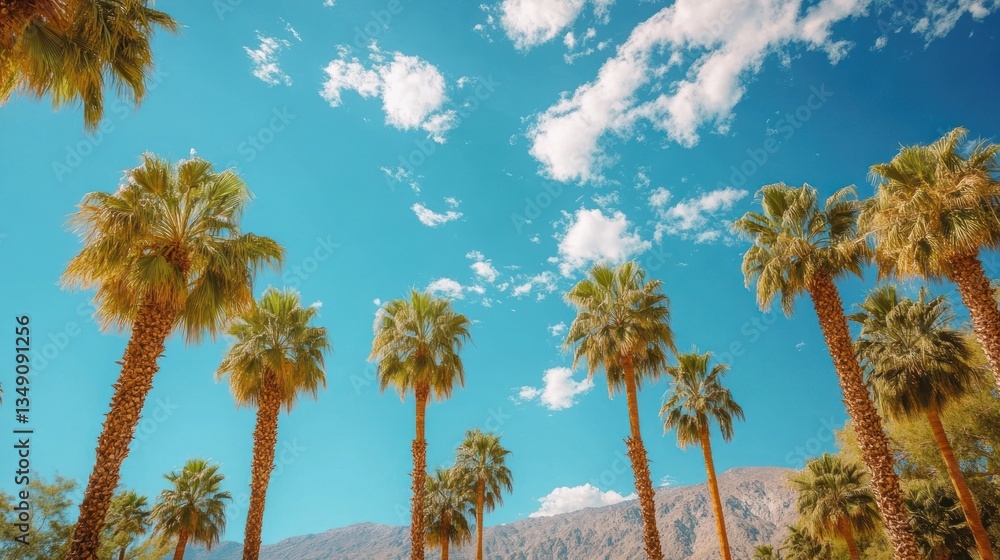 Fototapeta premium Low-angle view of palm trees against a vibrant blue sky with fluffy clouds and distant mountains.