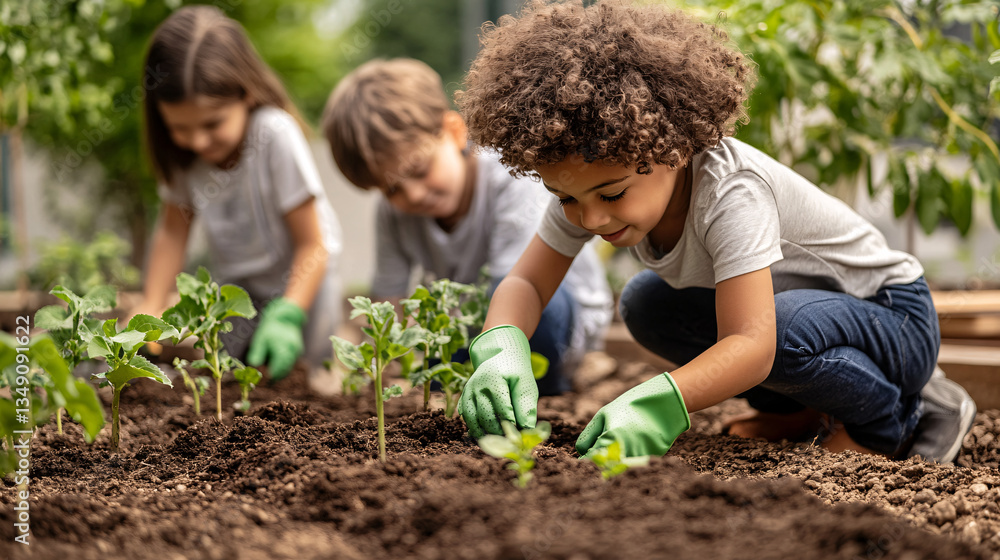 Three children are joyfully gardening, wearing gloves and tending to young plants in lush garden. scene is vibrant and full of life, showcasing teamwork and love for nature Three children are joyfully gardening, wearing gloves and tending to young plants in lush garden. scene is vibrant and full of life, showcasing teamwork and love for nature