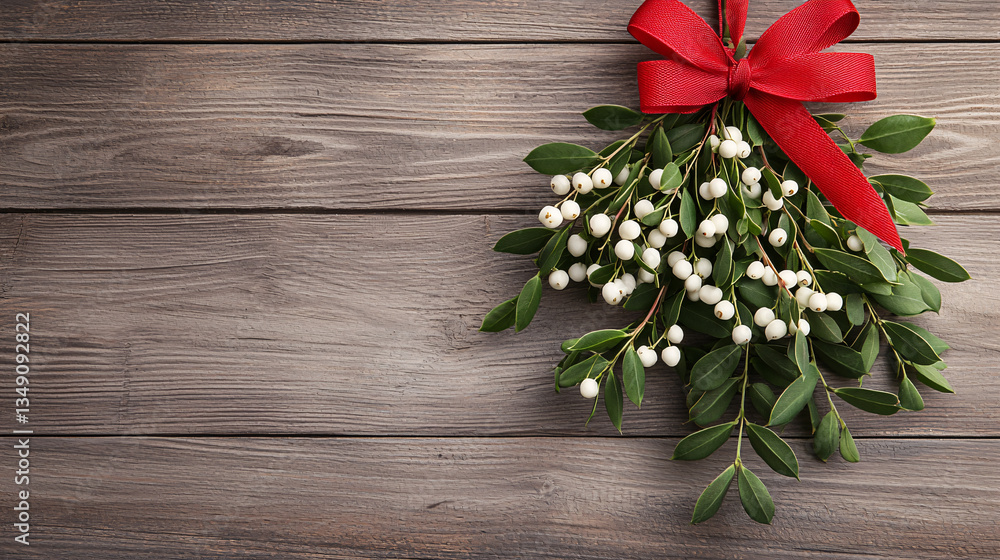 Festive Mistletoe Branch Ornament with Red Ribbon on Rustic Wooden Background for Holiday Decor Festive Mistletoe Branch Ornament with Red Ribbon on Rustic Wooden Background for Holiday Decor
