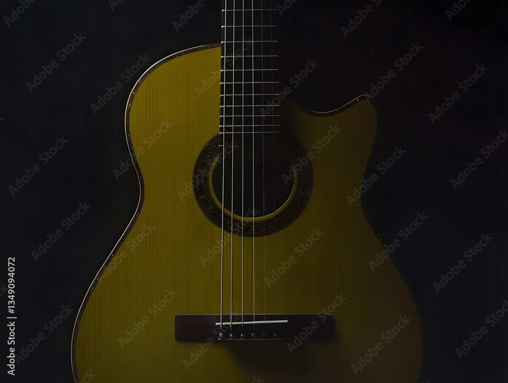 Obraz premium Classical Guitar in Dark Background Closeup Studio Shot
