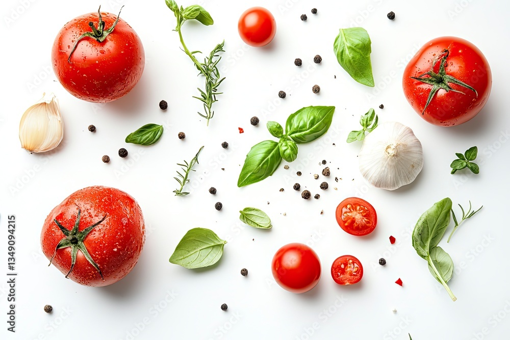 Fresh Tomatoes Basil Garlic and Herbs Flat Lay on White Surface Fresh Tomatoes Basil Garlic and Herbs Flat Lay on White Surface