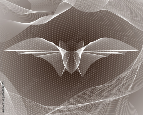 Guilloche flying bat. Silhouette of a flying bat. Guilloche silhouette of a flying bat on the background of a cave.