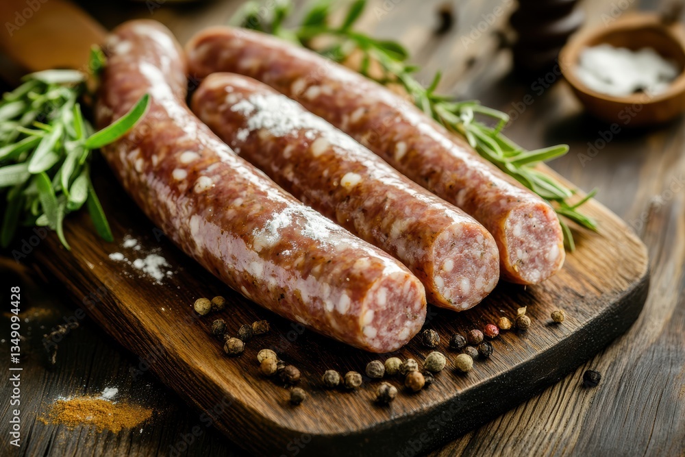 Delicious artisan sausages on wooden cutting board rustic kitchen food photography natural light culinary delight Delicious artisan sausages on wooden cutting board rustic kitchen food photography natural light culinary delight