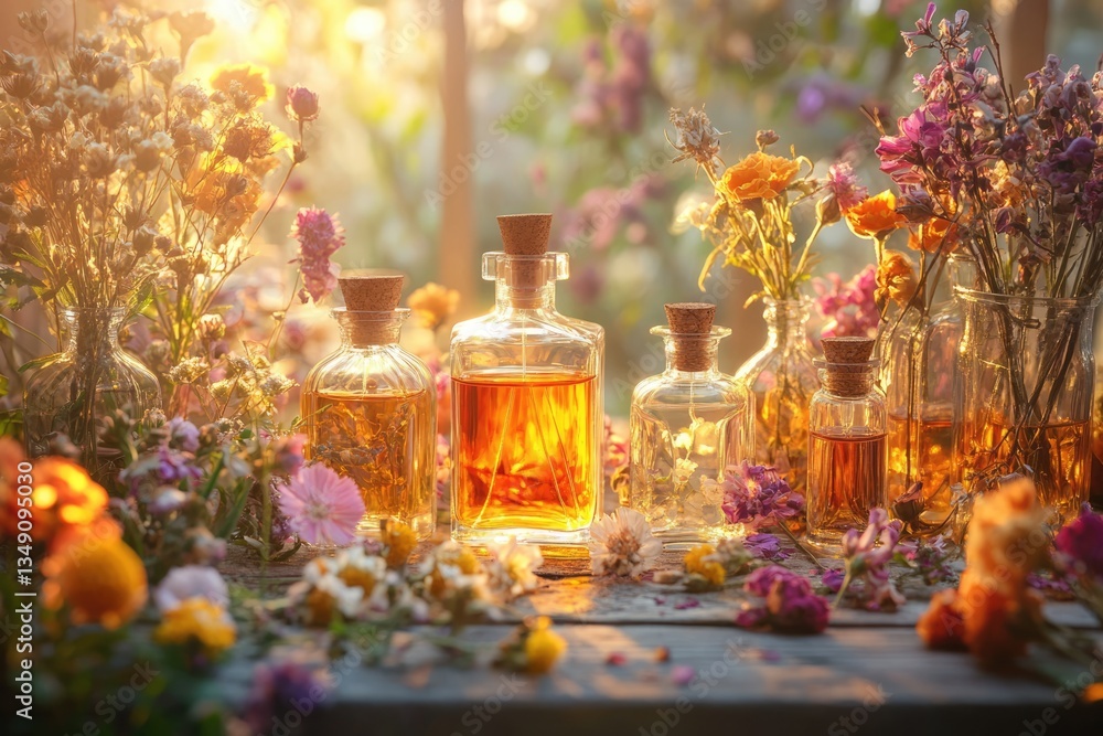Sunlit bottles of essential oils and dried flowers Sunlit bottles of essential oils and dried flowers