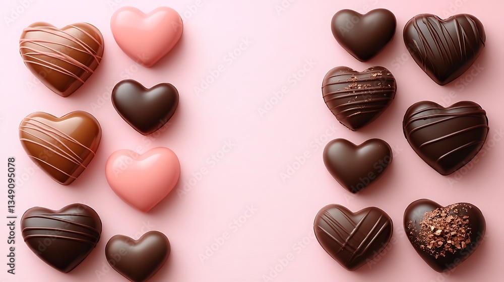 Assorted heart-shaped chocolates on pink background. Assorted heart-shaped chocolates on pink background.