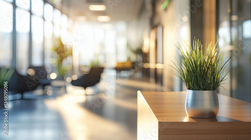 Wallpaper Mural Modern Office Reception Area With Green Plant on Wooden Countertop and Blurred Background With Natural Sunlight and Chairs Torontodigital.ca