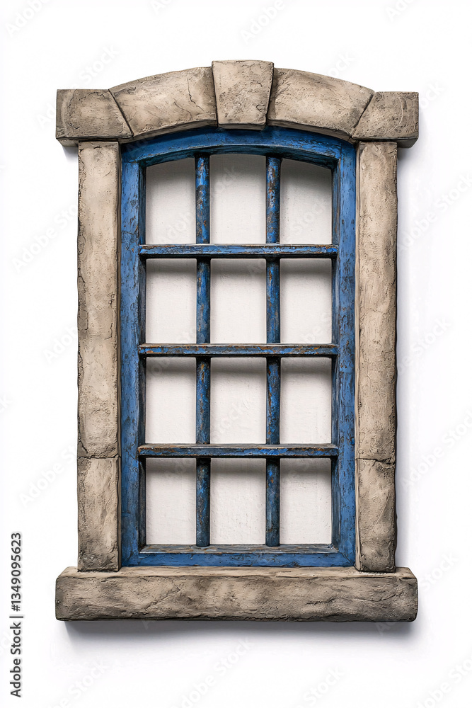 Obraz premium Stone Framed Blue Window with Iron Grid A Timeless Architectural Detail Evoking Nostalgia and Charm