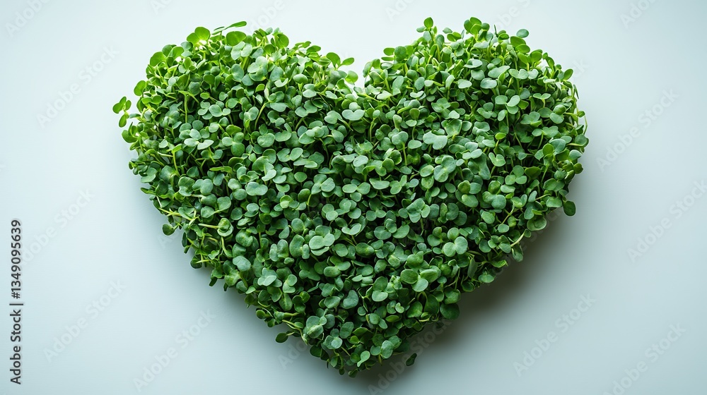 Heart,shaped microgreens on a clean white background symbolize eco,consciousness, sustainable practices, and waste management. Heart,shaped microgreens on a clean white background symbolize eco,consciousness, sustainable practices, and waste management.