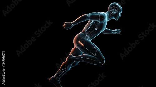 A futuristic representation of a running humanoid figure, highlighted by glowing lines, suggesting advanced technology and speed.
