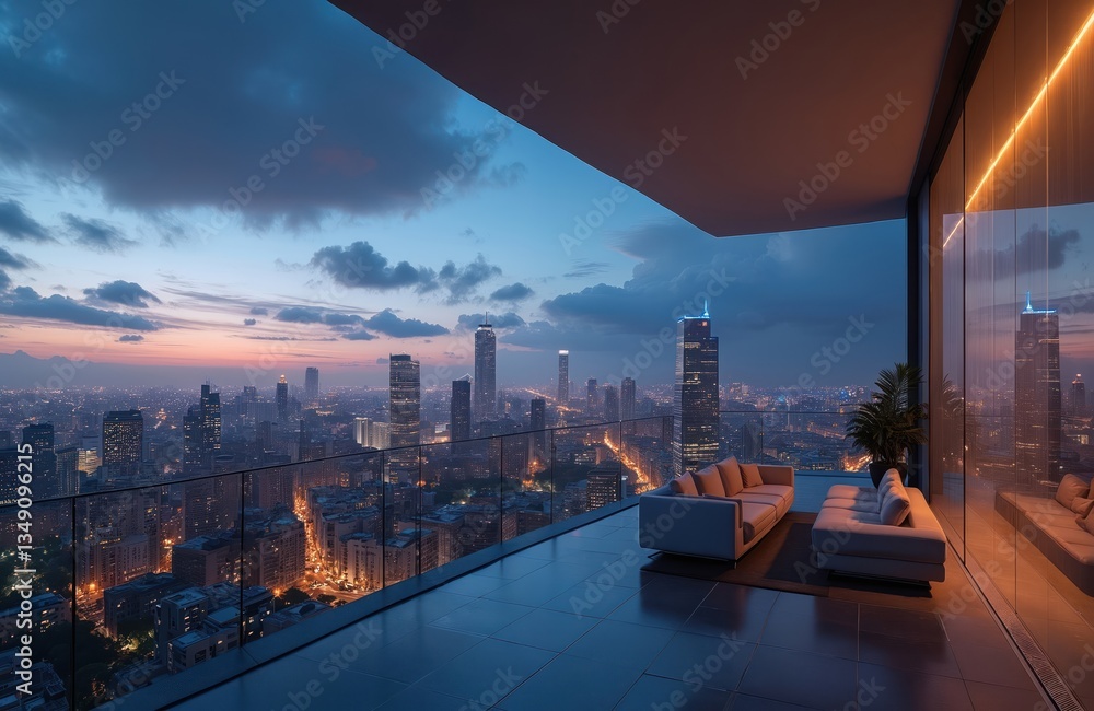 Obraz premium Modern cityscape view from penthouse balcony at dawn. Urban architecture skyline of metropolis with skyscrapers and buildings. Futuristic design of downtown area with water and horizon at twilight.