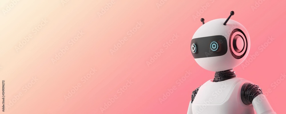 A modern robot character with a playful design, featuring large eyes and a smooth white surface against a gradient pink background. A modern robot character with a playful design, featuring large eyes and a smooth white surface against a gradient pink background.