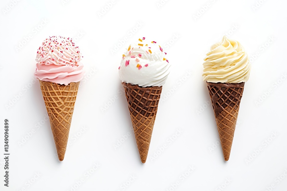 Three Ice Cream Cones with Different Flavors on a White Background Three Ice Cream Cones with Different Flavors on a White Background
