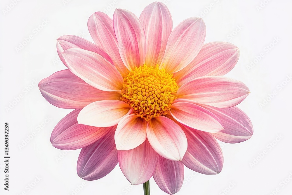 Pink Dahlia Flower Close-up with Yellow Center on White Background Pink Dahlia Flower Close-up with Yellow Center on White Background