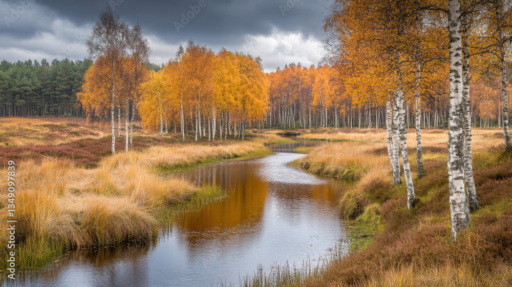 Fototapeta premium Autumn Landscape, Golden Birch Trees and Calm River