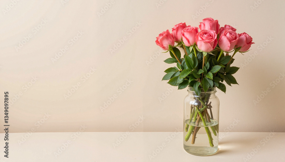 Naklejka premium Romantic pink rose bouquet in transparent vase, serene elegance
