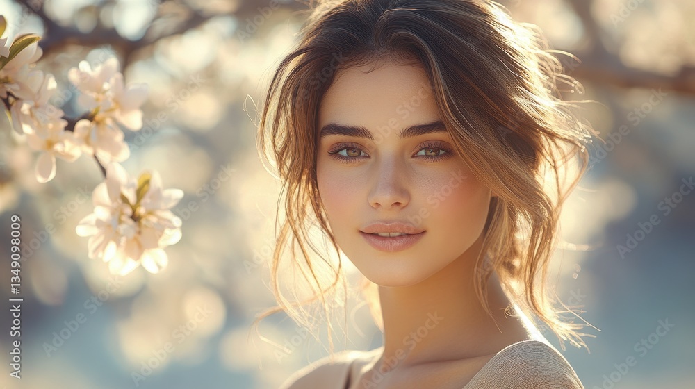 Fototapeta premium Beautiful Young Woman with Blooming Flowers in Spring