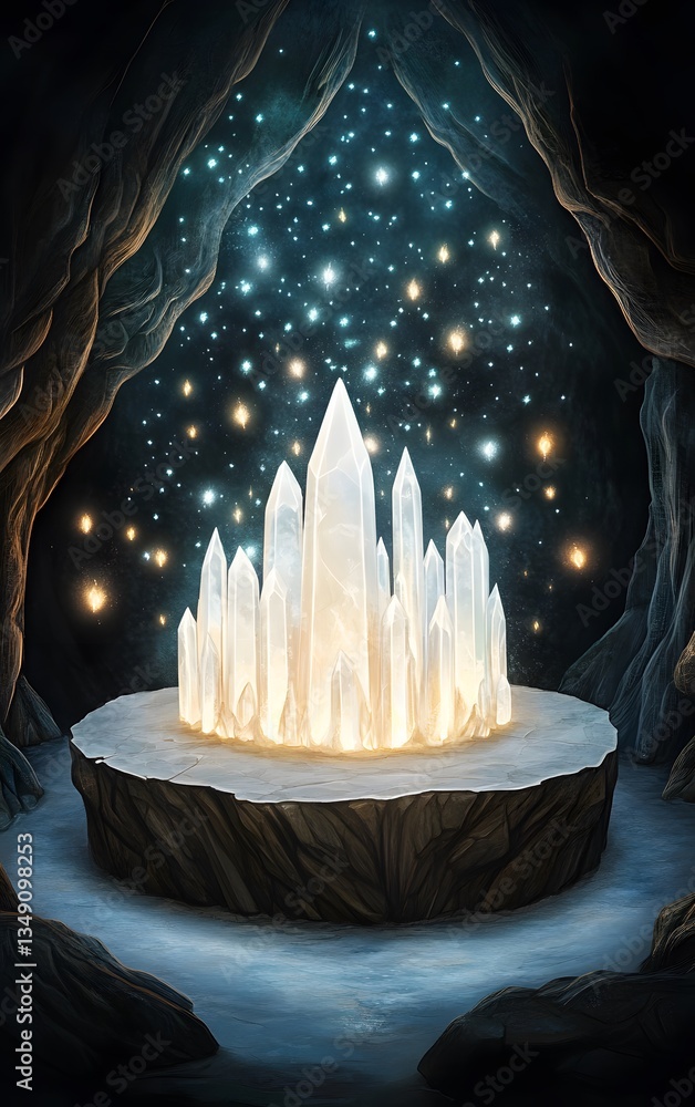 A podium built from shimmering crystals, surrounded by floating pollen-like lights in a hidden cave.