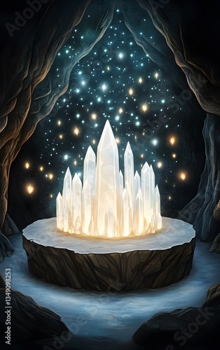 Obraz na płótnie A podium built from shimmering crystals, surrounded by floating pollen-like lights in a hidden cave. w salonie