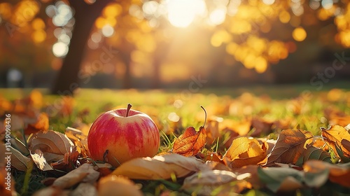 A beautiful red apple rests among fallen autumn leaves
