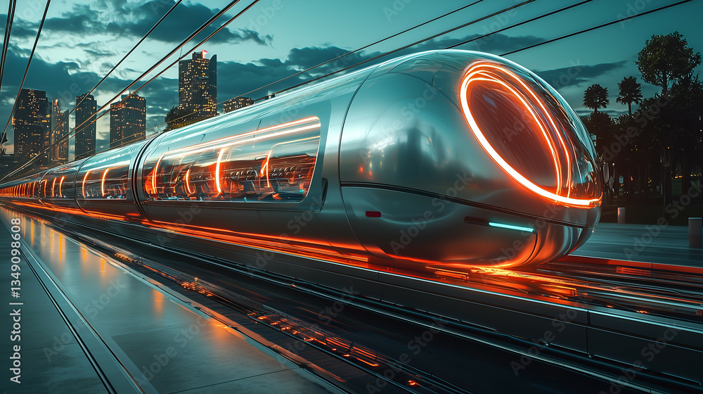 Fototapeta premium Futuristic High-Speed Train in Urban Cityscape: Sleek Metallic Transportation with Neon Lighting and Modern Architecture at Twilight