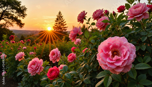 Blooming roses at sunset, nature’s vibrant beauty