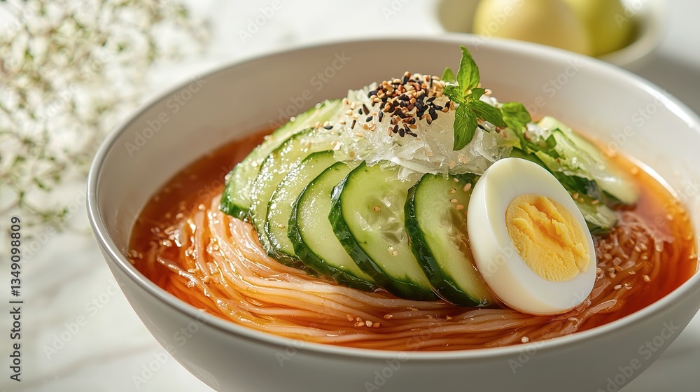 Close up of cold noodles with cucumber and egg Close up of cold noodles with cucumber and egg