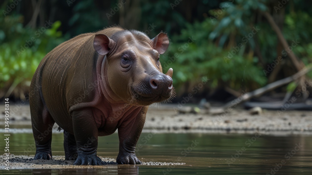 Obraz premium A hippopotamus calf in a lush jungle setting