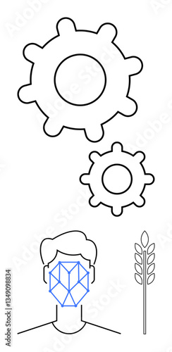 Human face with a geometric facial recognition overlay, two gears symbolizing technology, and a wheat stalk for agriculture. Ideal for innovation, AI, automation, farming, productivity, agritech